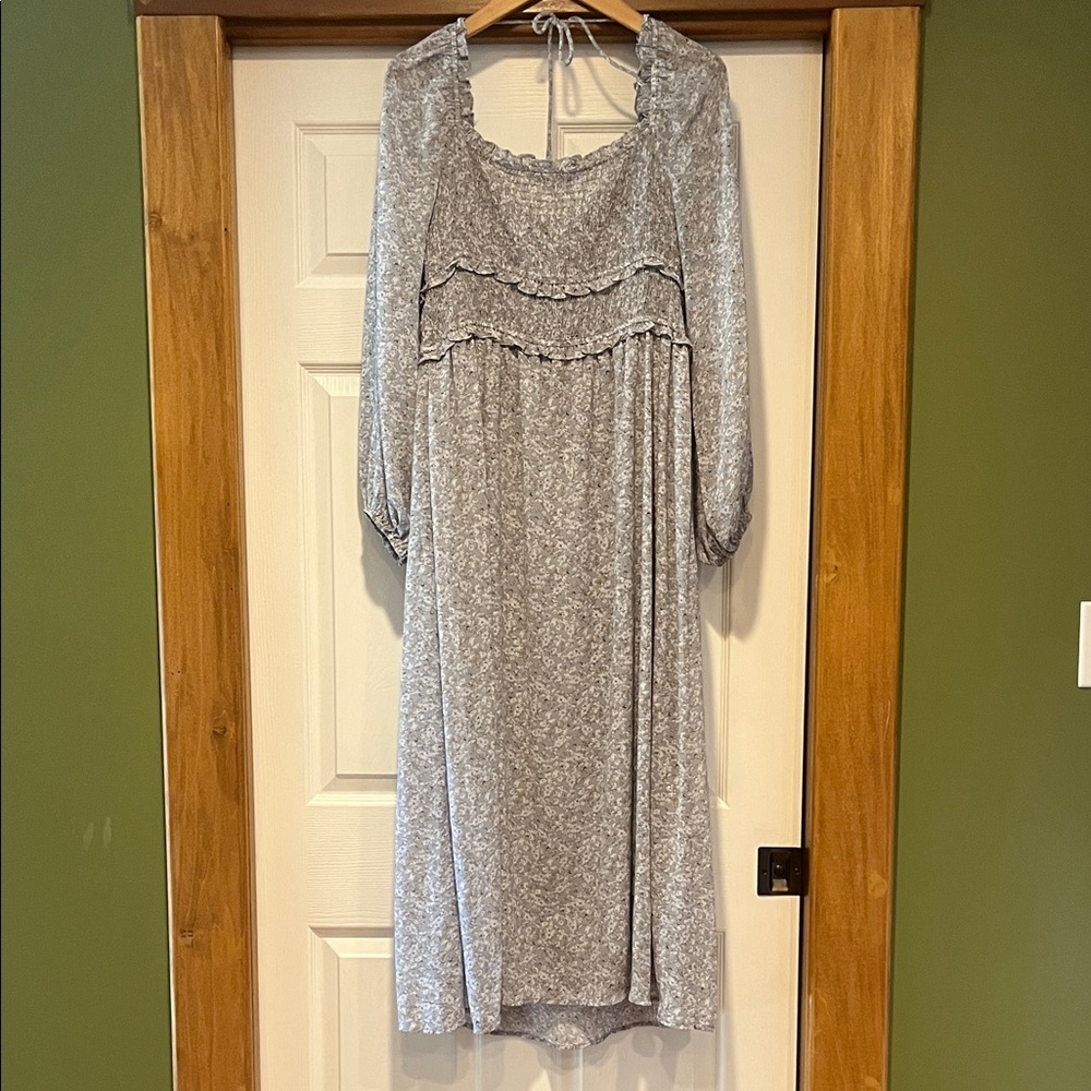 Gray Long-Sleeve Dress with Ruffle Details